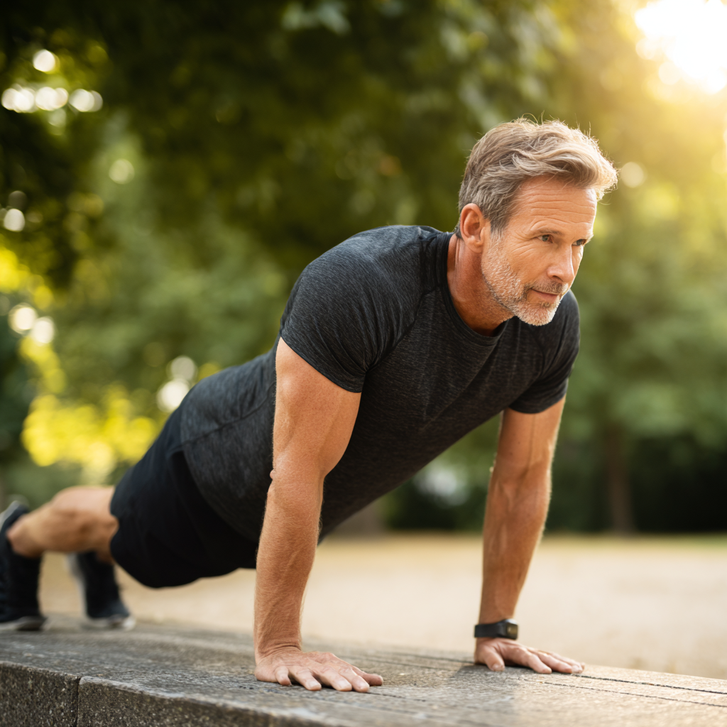 A fit and healthy man in his early 50s with graying hair performing a plank exercise outdoors in a park setting. He is wearing modern athletic wear and shows excellent form and concentration. The background features green trees and natural lighting, emphasizing an active, healthy lifestyle for mature adults who prioritize fitness and wellness.